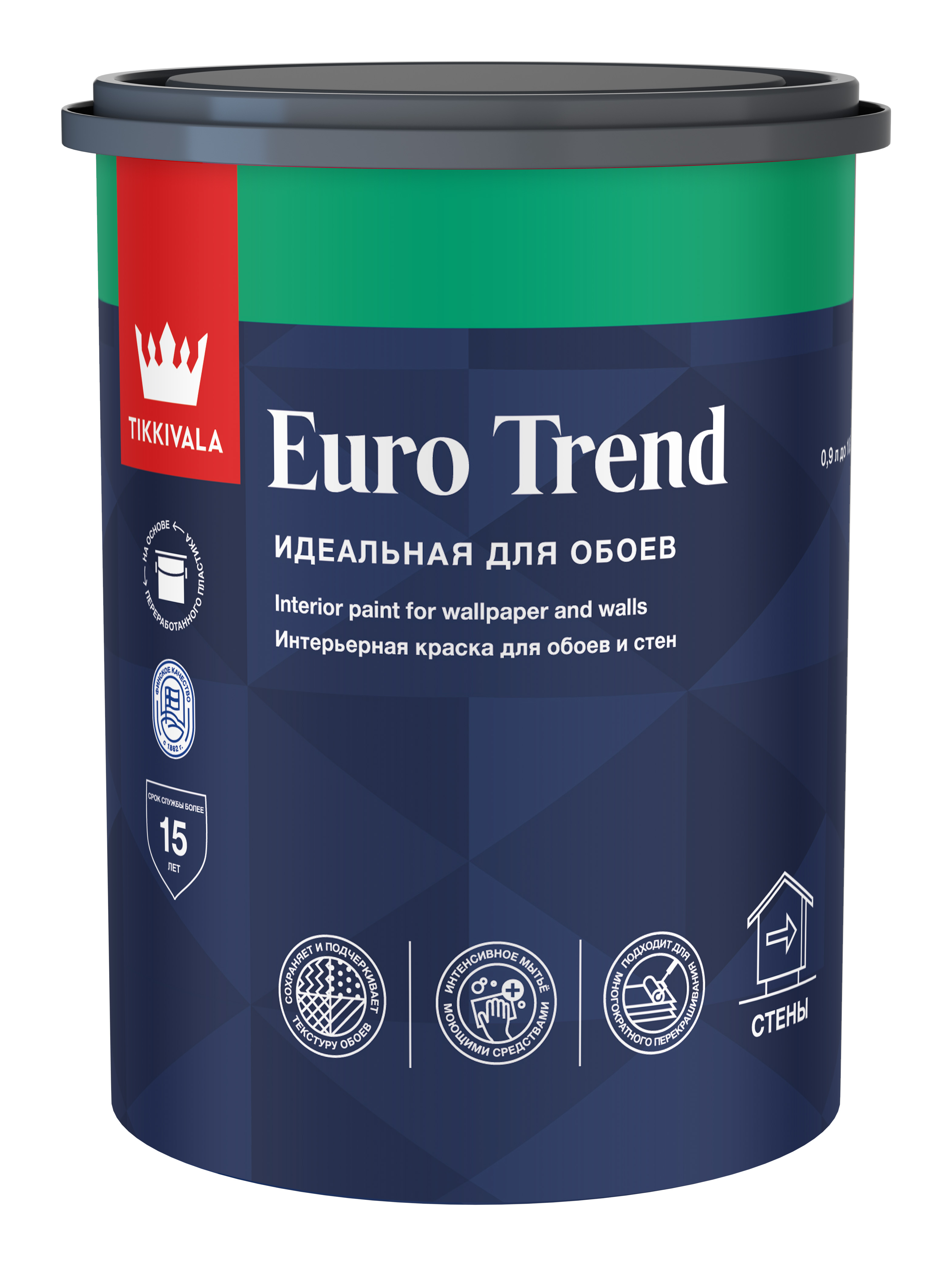 Tikkivala Интерьерная краска для обоев и стен EURO TREND, Белый, 0,9л — краска акриловая, водно-дисперсионная, матовая, колеруемая по бетону