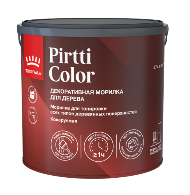 Изображение товараМорилка PIRTTI COLOR, 0,9л, Бесцветный (колеруется) — Tikkivala для деревозащита, для внутренних и наружных работ Морилка PIRTTI COLOR, 0,9л, Бесцветный (колеруется) — Tikkivala для деревозащита, для внутренних и наружных работ